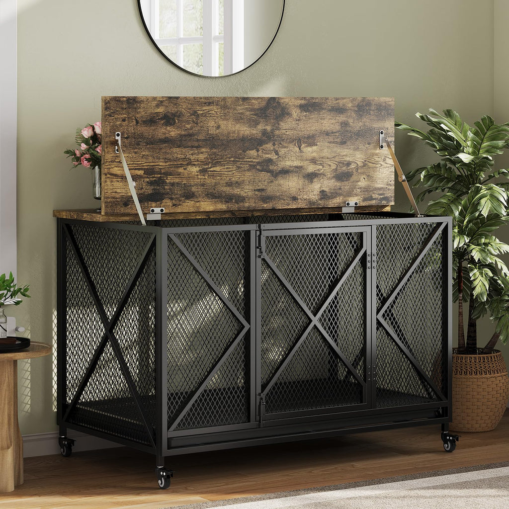 Garvee 48" Heavy Duty Dog Crate Furniture with Wheels, Flip Top Dog Kennel End Table with Removable Tray, Multi-Functional Indoor Pet Cage for Small to Large Pets, Black