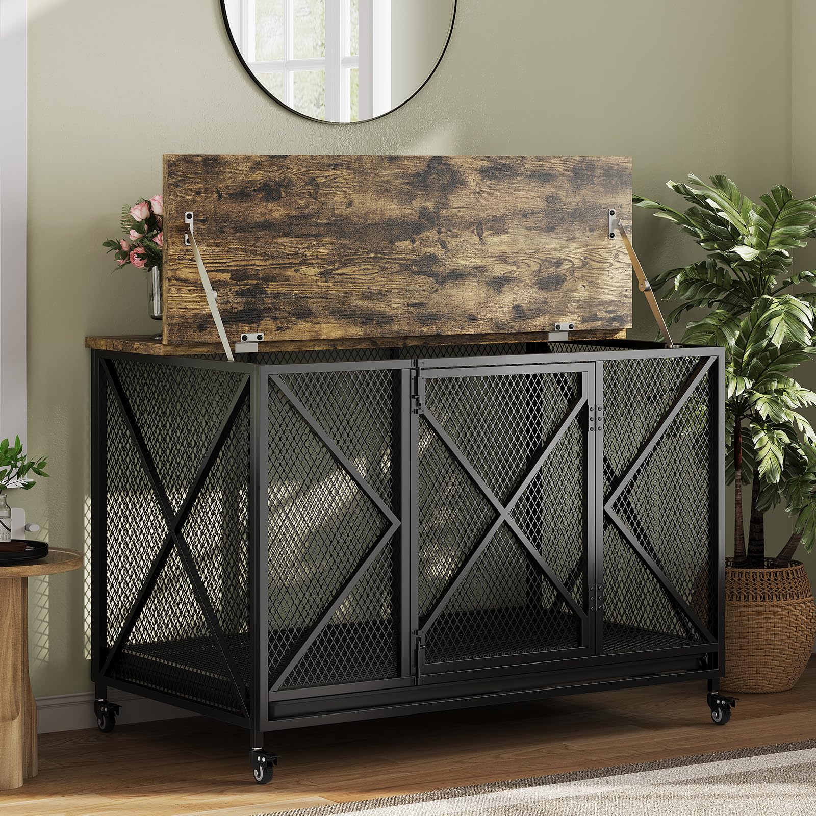 Garvee 48" Heavy Duty Dog Crate Furniture with Wheels, Flip Top Dog Kennel End Table with Removable Tray, Multi-Functional Indoor Pet Cage for Small to Large Pets, Black