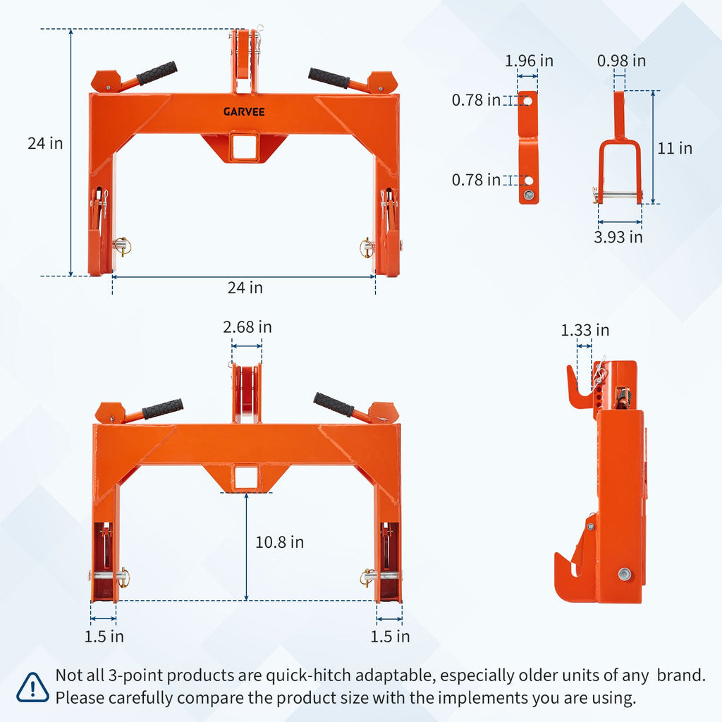 Garvee Heavy-Duty 3-Point Quick Hitch Adapter with 2" Receiver – Reinforced Rib – 3000 lbs Lift – No Bushing Needed – 5-Level Adjustable Bolt – Category 1 Tractor Attachment – Durable Metal – Orange Powder Coated Finish