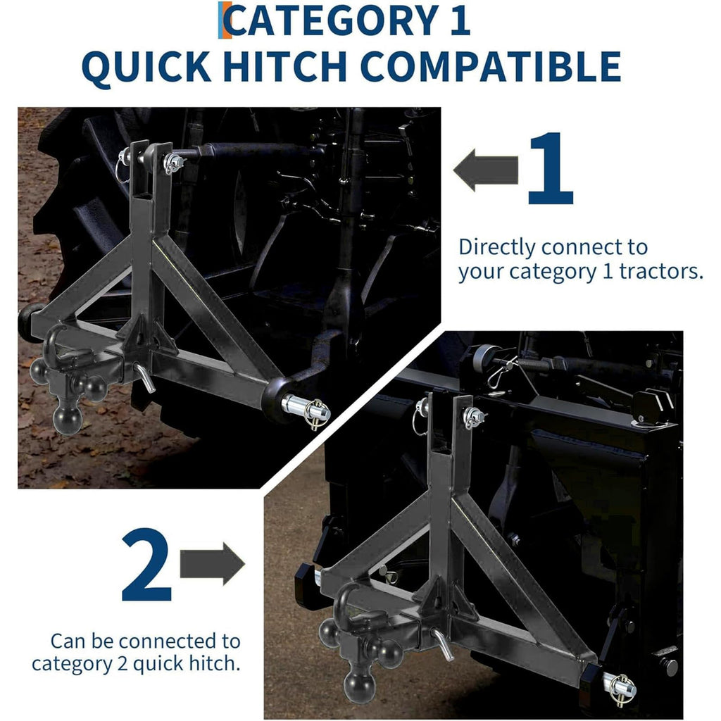 Garvee 3 Point Trailer Hitch 2" Receiver with Towing Ball & Hook Heavy Duty Cat.1 Steel Quick Hitch Attachment for Kubota Subcompact Tractor Farm Use