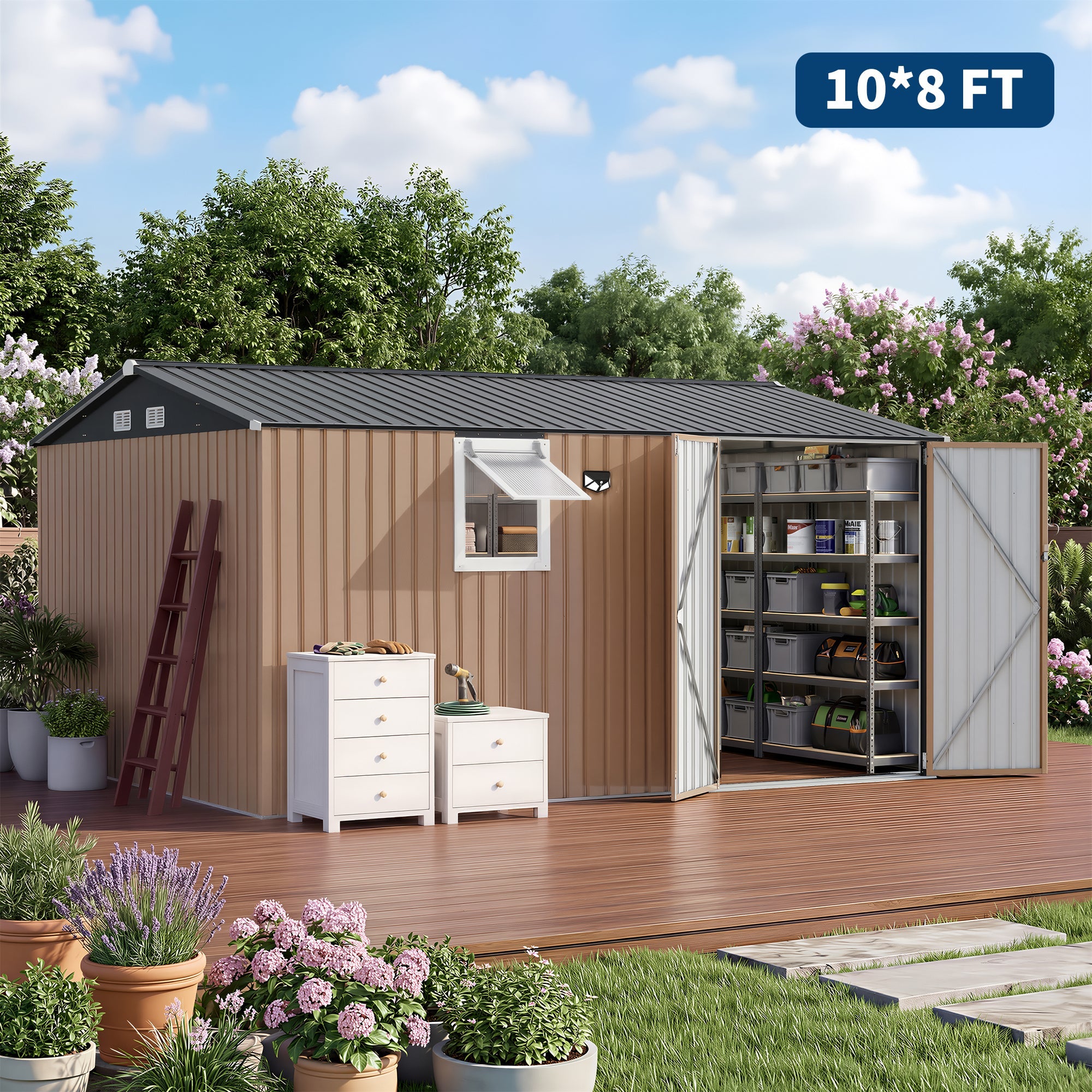 Garvee Metal Outdoor Storage Shed 10 ft x 12 ft – Heavy-Duty Lockable Garden Storage Cabinet with Doors & Windows, Weather-Resistant for Patio, Lawn & Backyard, Brown & Black