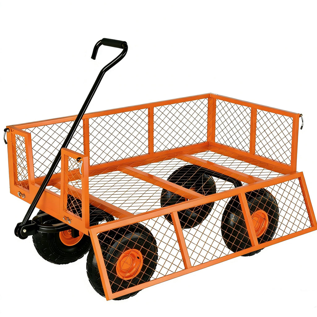 Garvee Orange Steel Garden Cart Wagon, 900 lbs Utility Yard Cart with Removable Mesh Sides, 10" Wheels, 180° Handle & 9.03 Cu.Ft. Cargo Bed