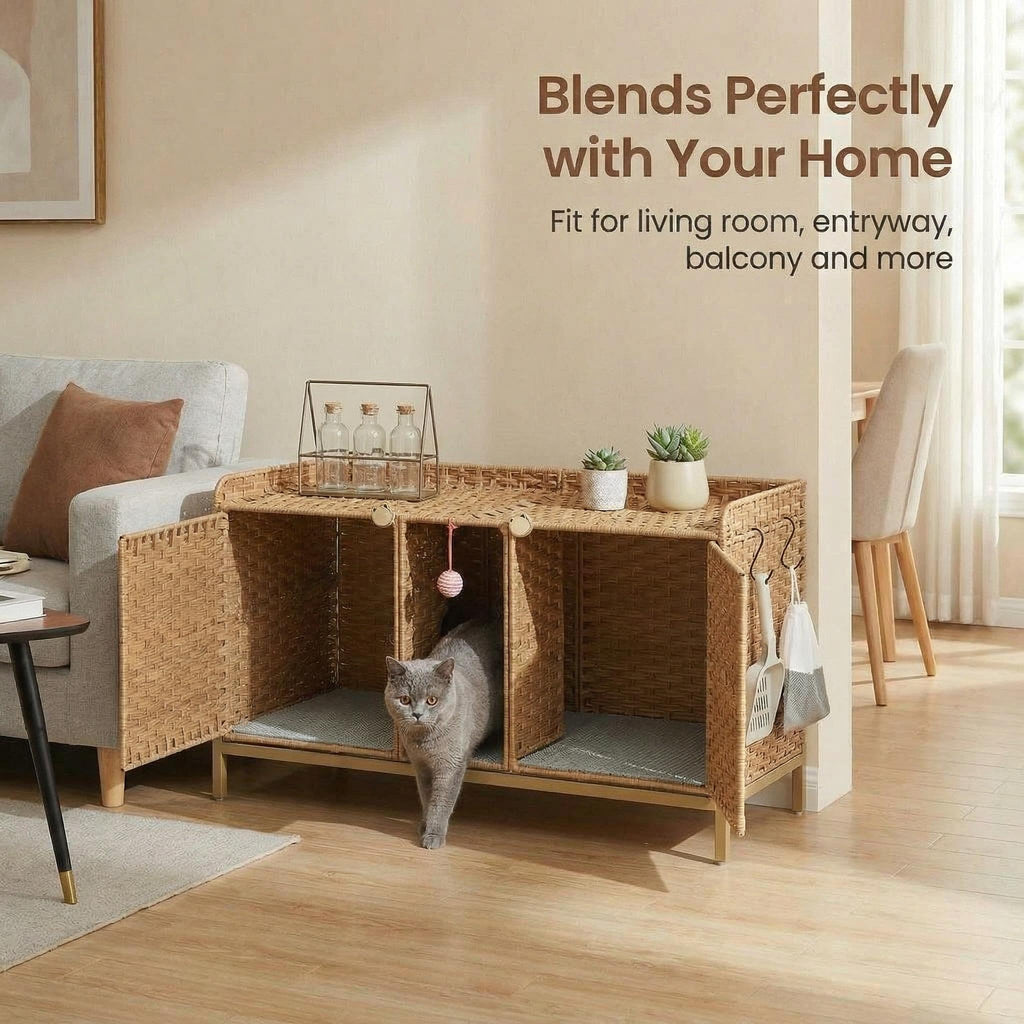 Garvee Handwoven Rattan Cat Litter Box Enclosure - Hidden Cat Washroom Cabinet with Door & S-Shaped Hooks - Large Spacious Cat Furniture for Living Room or Bedroom - Natural Color