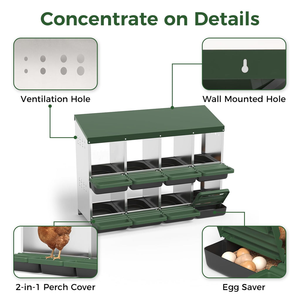 Garvee 8-Hole Chicken Nesting Box with Roll Away Design, Ventilation Holes, Galvanized Steel, Removable Lid, Easy Egg Collection, Green, for Chicken and Duck Coops
