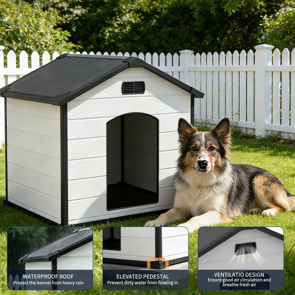 Garvee Large Dog House Indoor Outdoor Waterproof, 46" Durable Plastic Dog Kennel with Raised Floor, Removable Roof & Air Vent for Small to Large Dogs, Easy Assembly