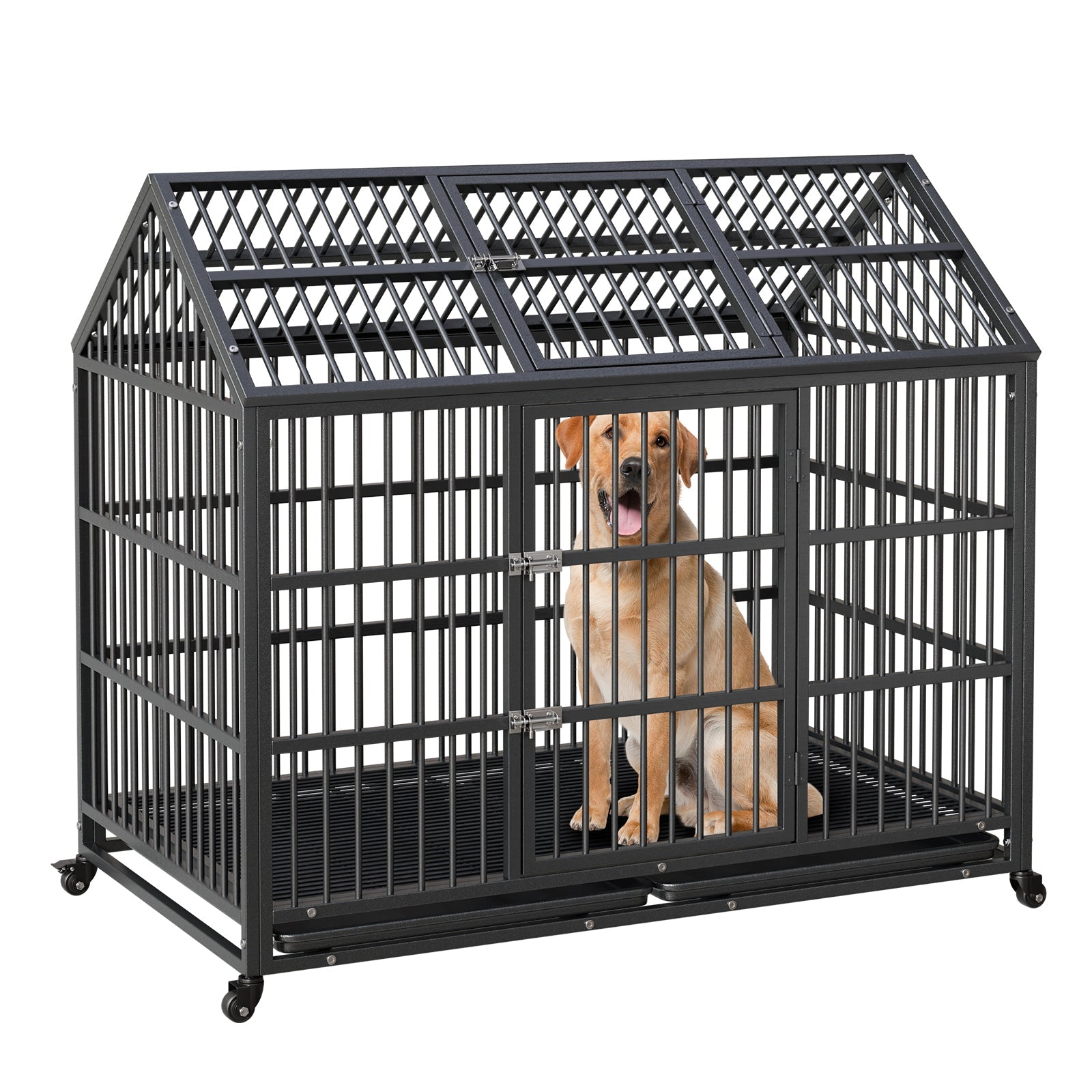 Garvee 52-Inch Escape-Proof Dog Crate, Indestructible Steel Dog Kennel with Locking Wheels, Anxiety Relief Pet Cage for Medium/Large Dogs, Indoor/Outdoor Use