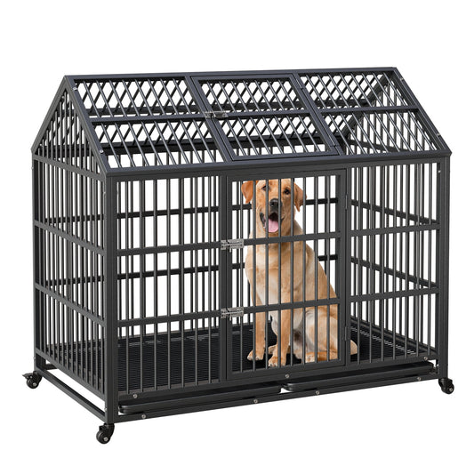 Garvee 52-Inch Escape-Proof Dog Crate, Indestructible Steel Dog Kennel with Locking Wheels, Anxiety Relief Pet Cage for Medium/Large Dogs, Indoor/Outdoor Use