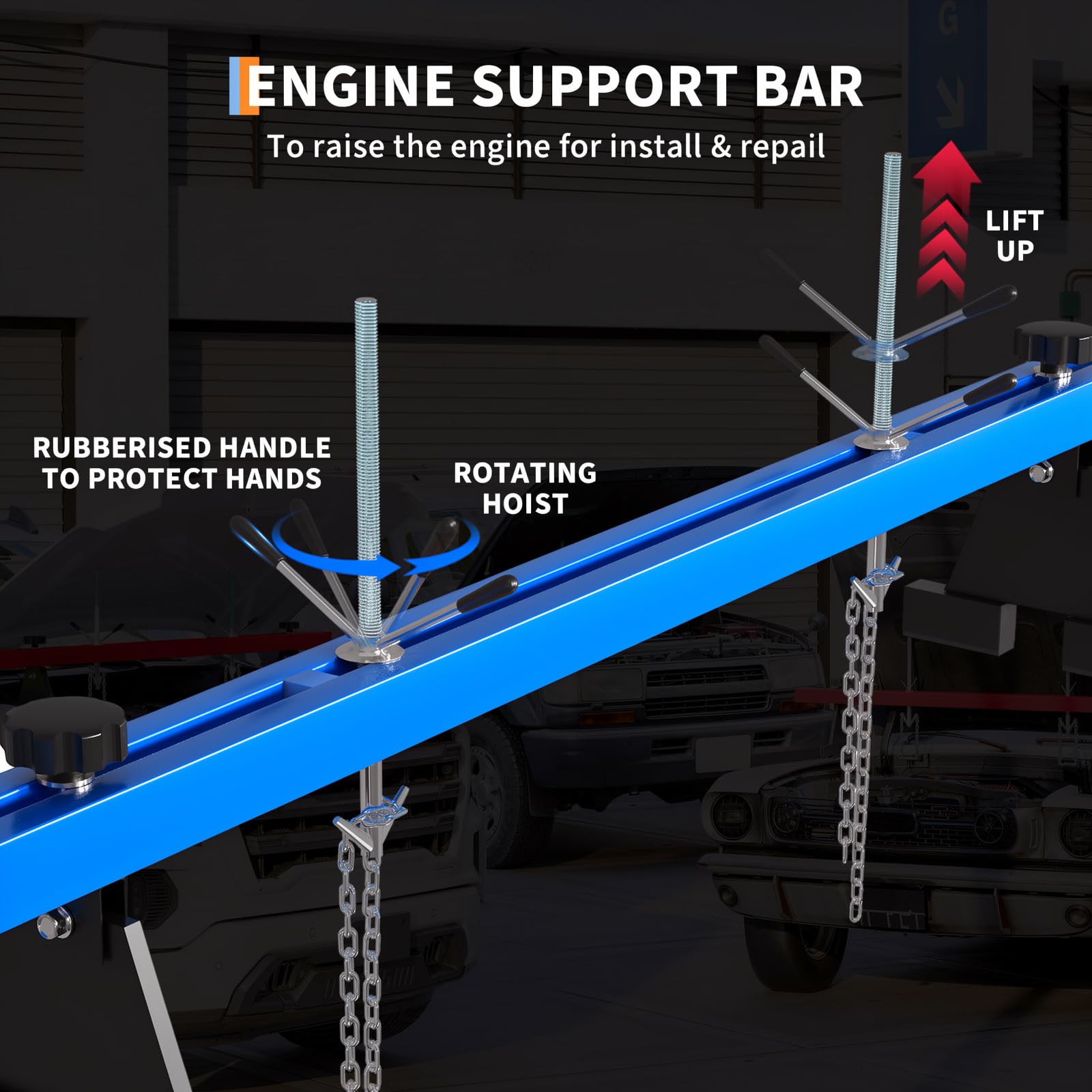 Garvee Engine Support Bar & Hoist – 1100 lbs Dual Hook Transverse Lift, Heavy Duty Holder with 1.5m Load Distributor, Blue, Pair of Gloves – For Car Repair, Garage & Auto Workshop – Variant: Blue | 1.5m load distributor | a pair of gloves