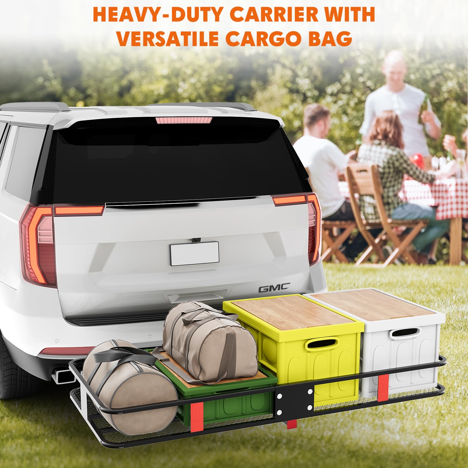 Garvee 70" x 30" Heavy-Duty Hitch Cargo Carrier, 600 Lbs Capacity Folding Design Steel Frame Locking Straps Anti-Theft Lock 2" Receiver SUVs Trucks Off-Road