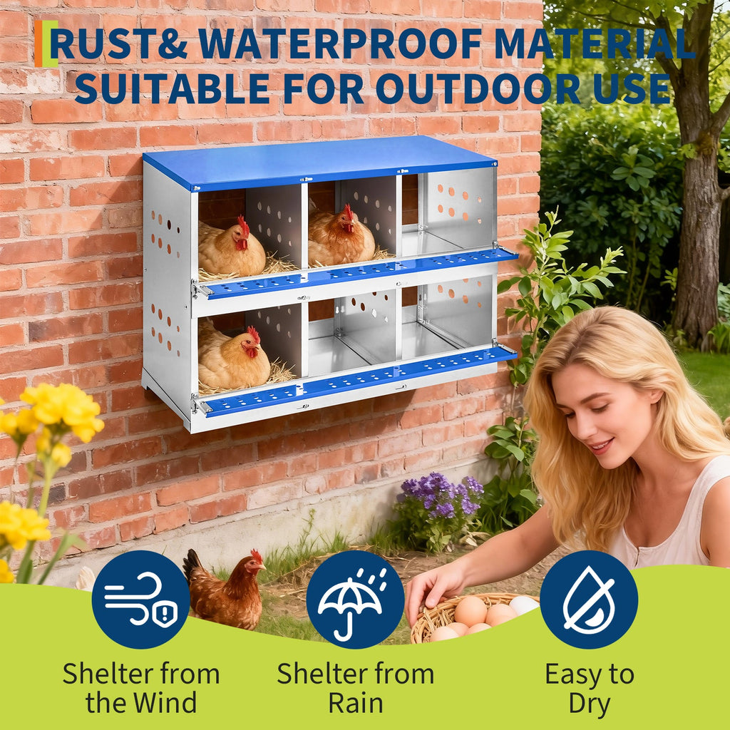 Garvee Heavy Duty 6-Compartment Metal Chicken Nesting Box – Galvanized Steel, Rollaway Egg Collection, Ventilated, Rustproof, Wall-Mounted or Floor, Easy Clean – Space-Saving Hen Layer for Poultry Coop – Without Cover, Blue, 96×48×71cm