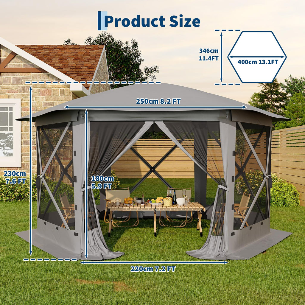 Garvee 13x13 FT Pop Up Gazebo Screen Tent, 112 Sq. Ft. 6-Sided Canopy with 6 Removable Wind Panels, UPF 50+ Mesh Shelter for Patio, Camping & Backyard, Gray
