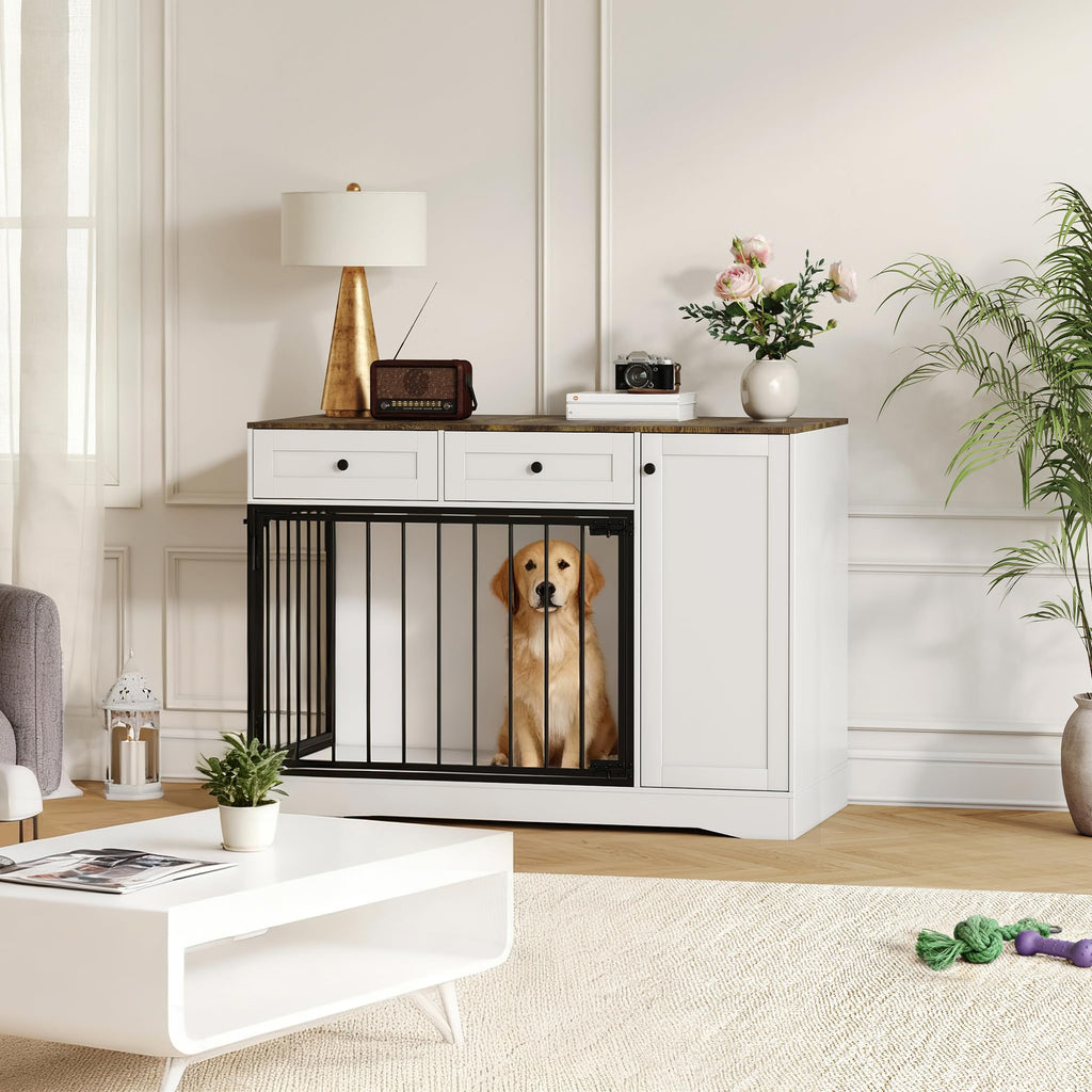 Garvee Farmhouse Dog Crate Furniture, 47" Modern Indoor Kennel with Double Doors, TV Stand & Buffet Cabinet, Dog Cage End Table with 2 Drawers & Storage for Small & Medium Dogs