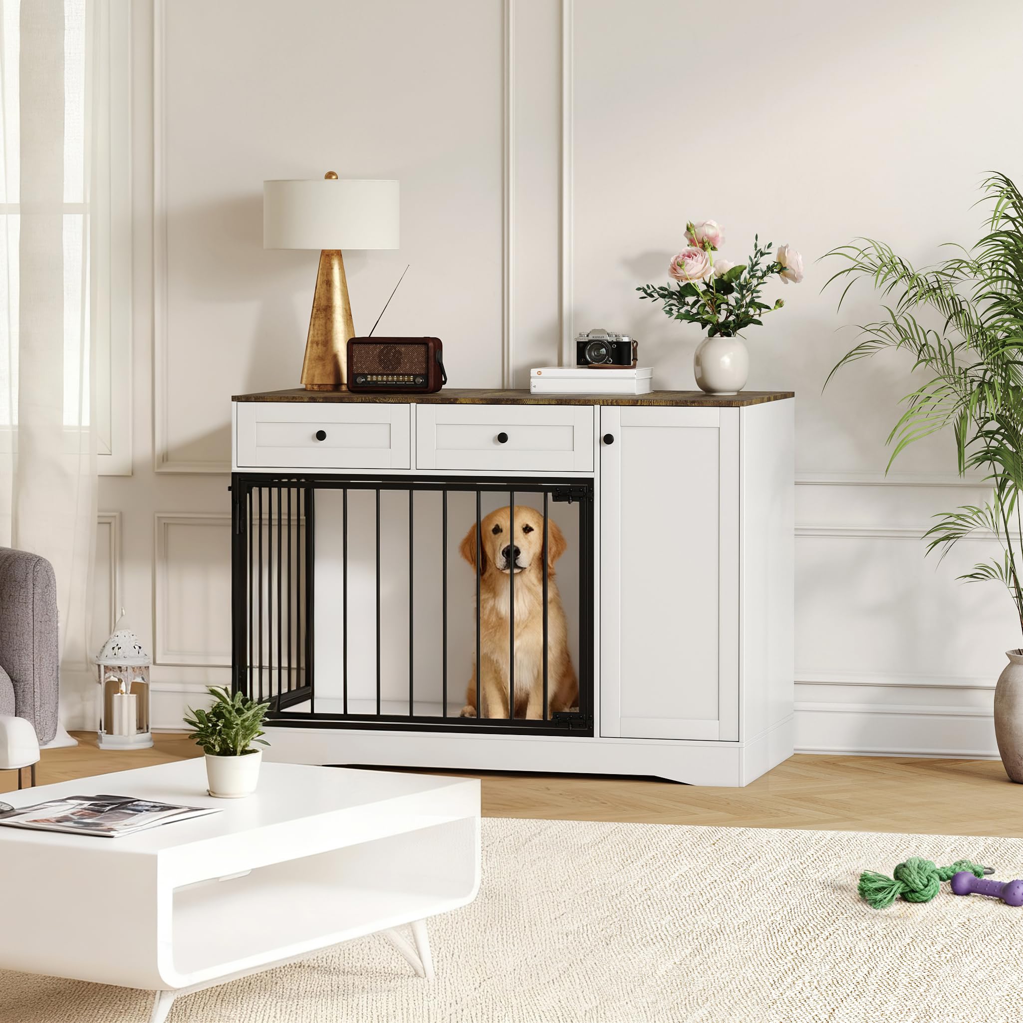 Garvee Farmhouse Dog Crate Furniture, 47" Modern Indoor Kennel with Double Doors, TV Stand & Buffet Cabinet, Dog Cage End Table with 2 Drawers & Storage for Small & Medium Dogs