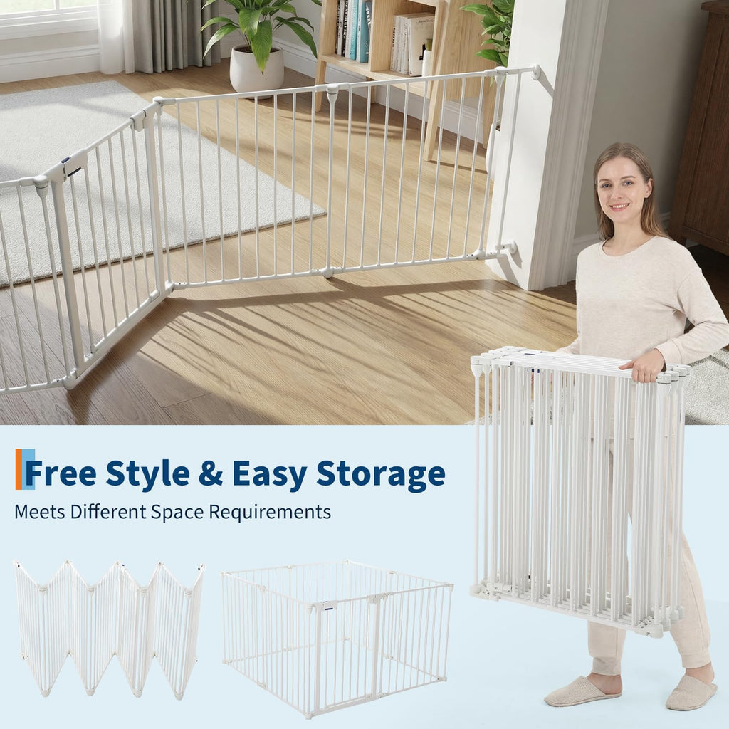 Garvee Adjustable Metal Pet Safety Gate 8-Panels, 29" High Collapsible Playpen with Lockable Door, Portable Indoor/Outdoor Barrier for Stairs, Doorways, RV, Camping, Yard, Garden, White