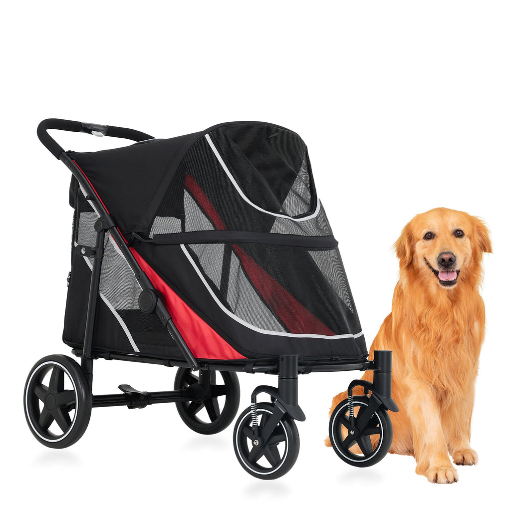 Garvee Large Dog Stroller for Large Dogs 88 lbs, One-Step Fold Pet Stroller with 11" All-Terrain Wheels, 360° Rotatable Front Wheels & Brakes, Heavy Duty, Dual Entry Doors for Senior Dogs, Red