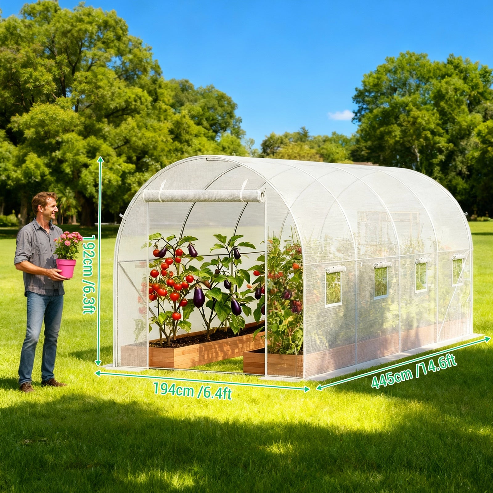 Garvee 14.6 x 6.4 x 6.3 FT Walk-In Tunnel Greenhouse, 140 GSM White PE Cover with Zippered Screen Door, 8 Roll-Up Windows & Galvanized Steel Frame