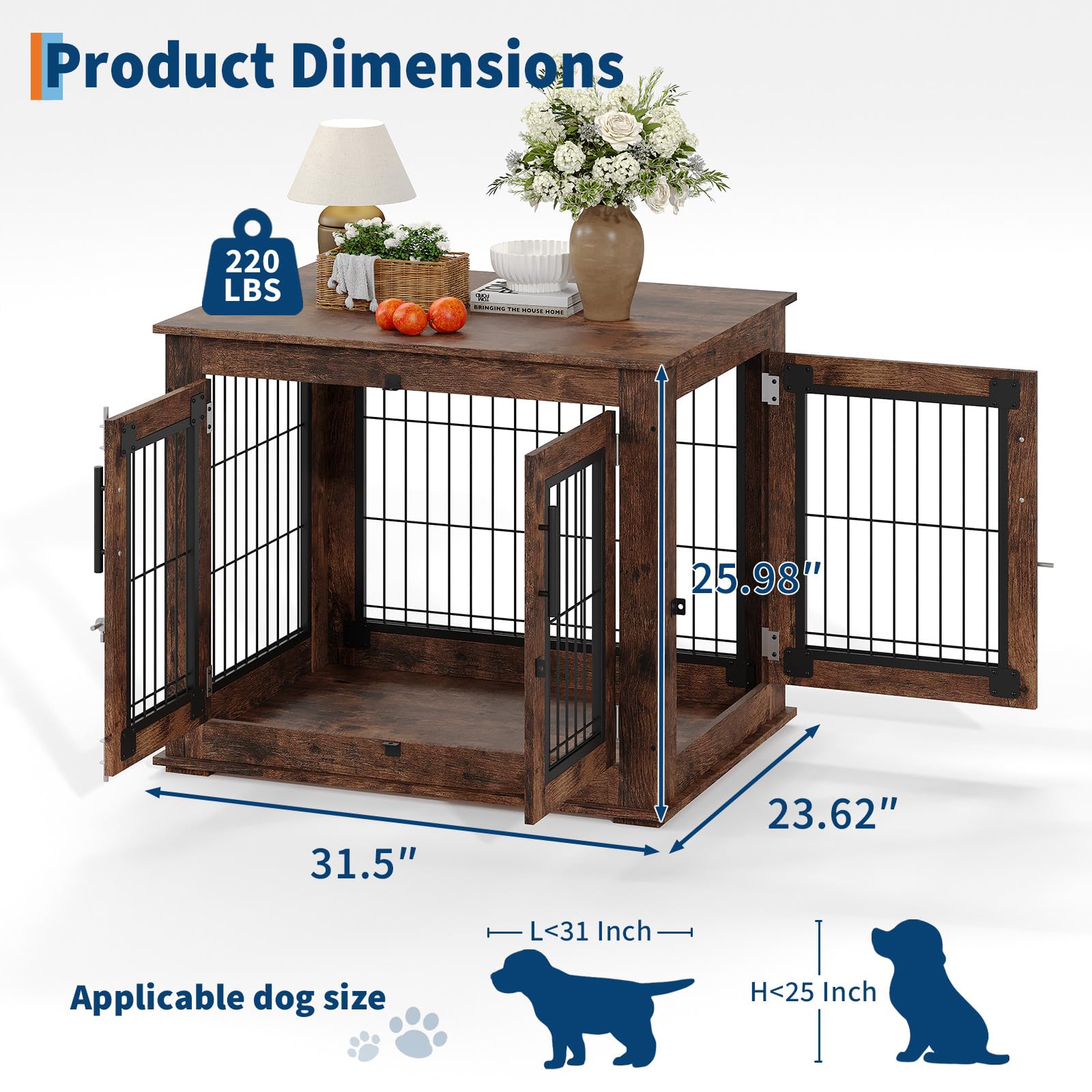 Garvee Medium Farmhouse Dog Crate Furniture End Table, Heavy Duty Wooden Kennel Cabinet with Double Doors for Small/Medium Dogs, Chew-Resistant Indoor Dog House Console for Living Room