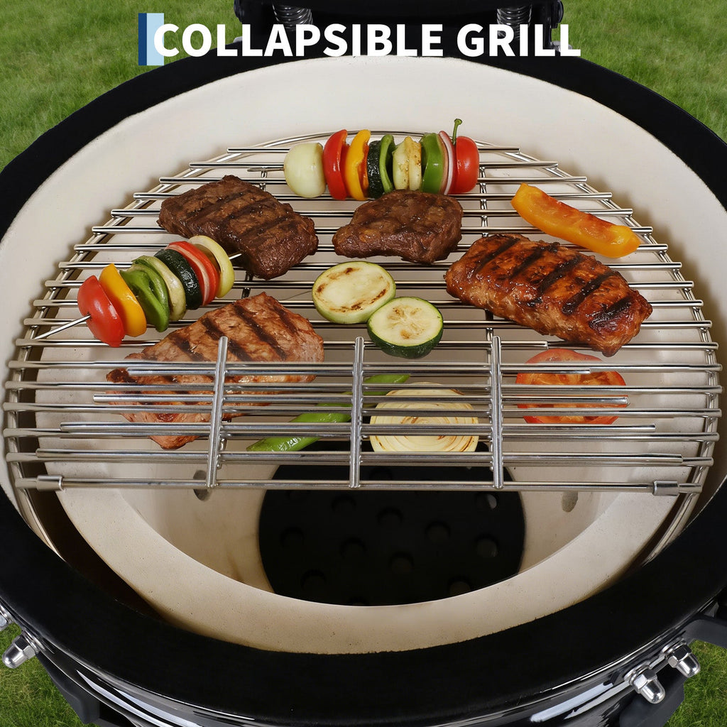Garvee 18" Ceramic Kamado Grill, 250 Sq.In. Charcoal BBQ Grill and Smoker with AMP Firebox, Cast-Iron Top Vent and Slide-Out Ash Drawer - Black