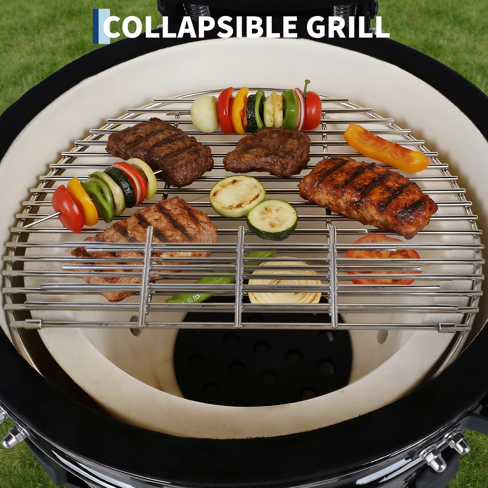 Garvee 18" Ceramic Kamado Grill, 250 Sq.In. Charcoal BBQ Grill and Smoker with AMP Firebox, Cast-Iron Top Vent and Slide-Out Ash Drawer - Black