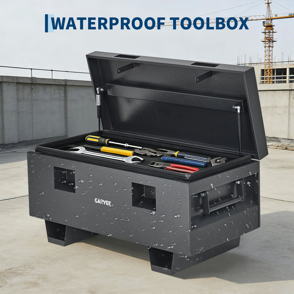 Garvee 42"x18"x20" Heavy-Duty Steel Truck Bed Tool Box - Lockable Waterproof Jobsite Chest with Removable Feet, Side Handles, and Dual Locks, Black with Silver Floral Spray Coating, Ideal for Trucks, Trailers, and Garages, Grey