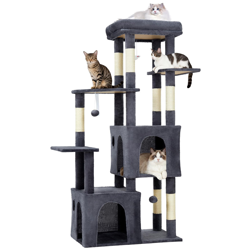 Garvee 61" Multi-Level Cat Tree for Indoor Cats, Heavy-Duty Tower for Large Adult & Maine Coon Cats with Oversized Perch, Dual Condos, Natural Sisal Scratching Posts & Play Toys – Dark Gray