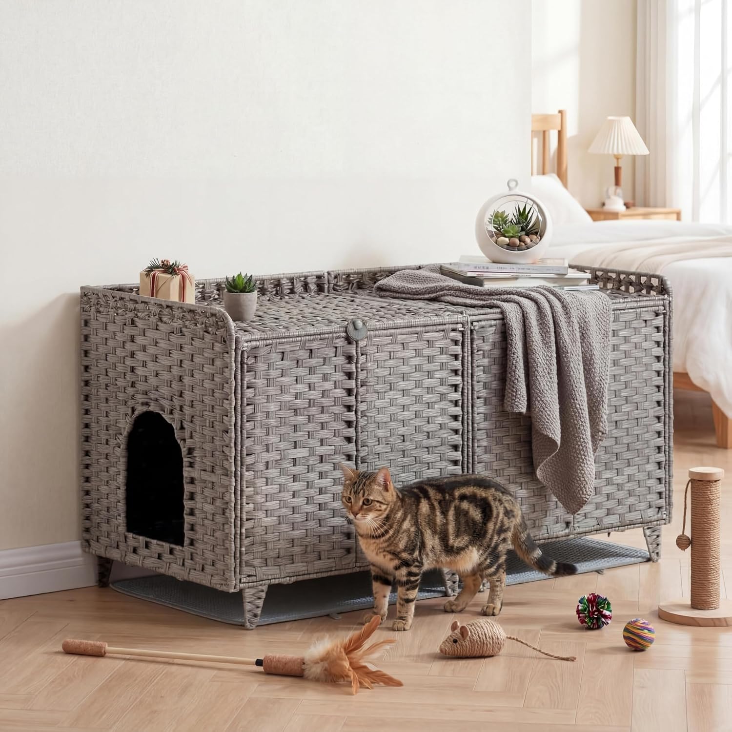 Garvee Double Litter Box Enclosure Furniture, Handwoven Rattan Litter Box Furniture for 2 Cats with Washable Litters Mat & 2 Hooks, Hidden Kitty Cat House for Living Room/Bedroom, Gray