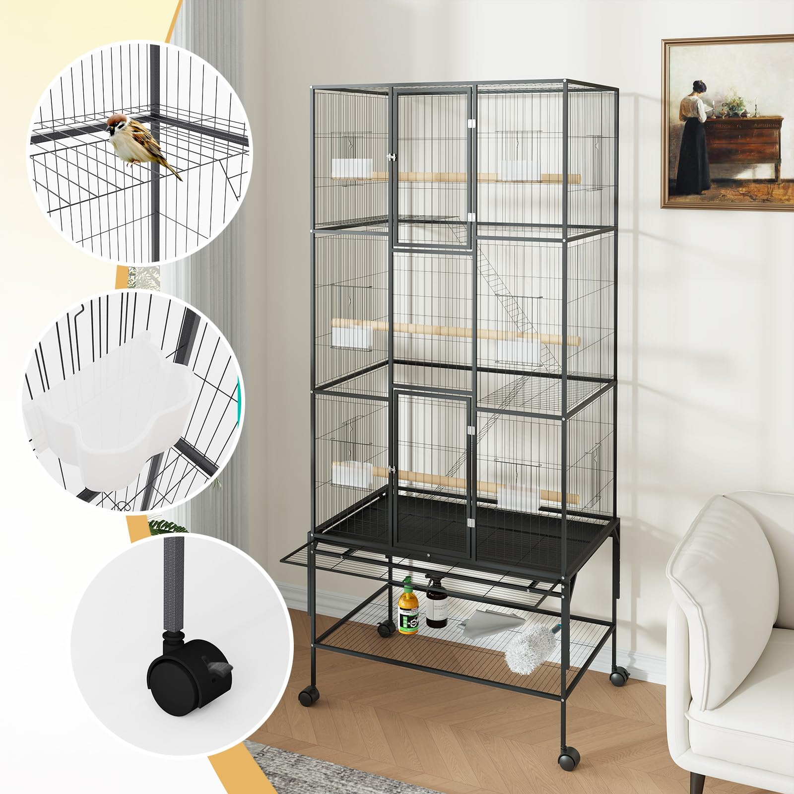 Garvee Spacious 69-Inch Extra Large Metal Bird Cage – Rolling Stand, Flight Aviary for Parrots, Cockatiels, Conures, Parakeets, Budgies, Finches – Detachable Tray, Easy Cleaning – Black