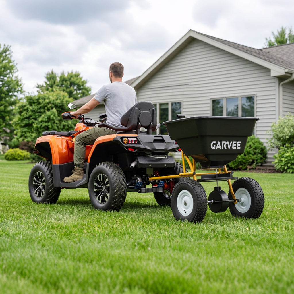 Garvee 85 lb Tow-Behind Broadcast Spreader with Adjustable Flow Control, 10-Inch Pneumatic Tires, Steel Frame & Universal Hitch for Seed, Fertilizer, Salt and Ice Melt, Black & Yellow