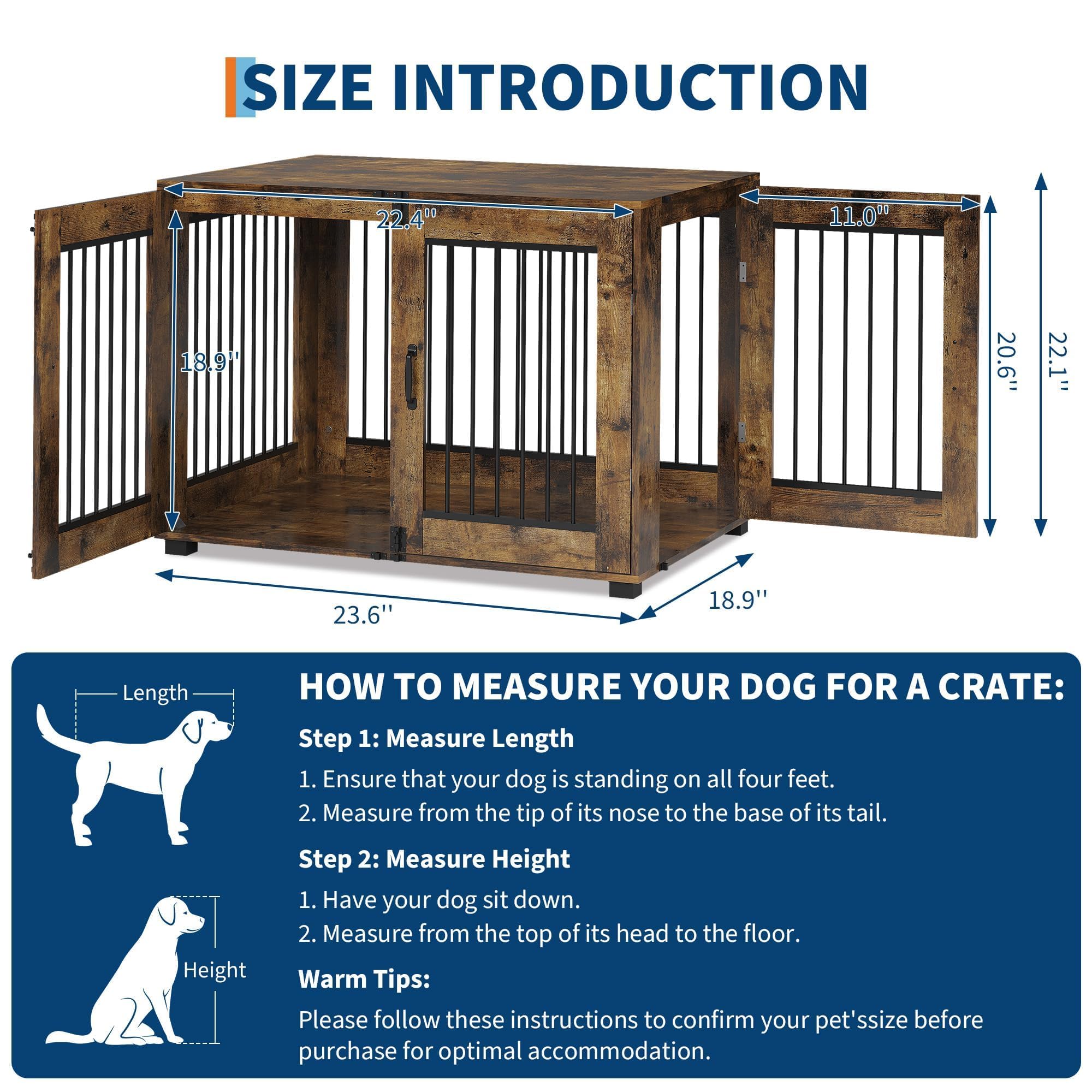 Garvee Rustic Farmhouse Dog Crate Furniture - Small Indoor Wood & Metal Kennel End Table with 3 Doors - Decorative, Multi-Use Pet House for Small Dogs - Brown, Small