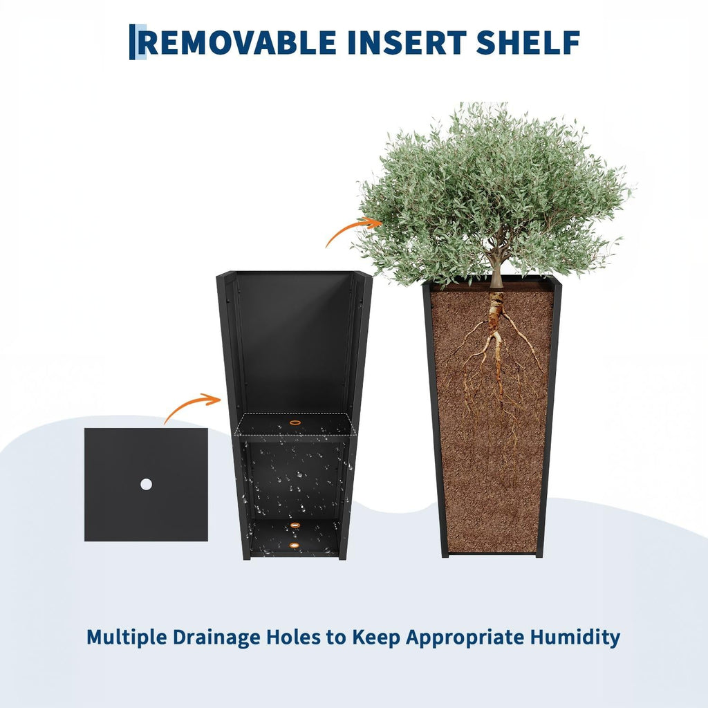 Garvee Set of 2 Heavy Duty 30-Inch Tall Black Metal Tapered Planters with Drainage Holes, Removable Insert Shelf, Weather-Resistant Outdoor Indoor Plant Pots for Patio, Garden, Deck & Entryway