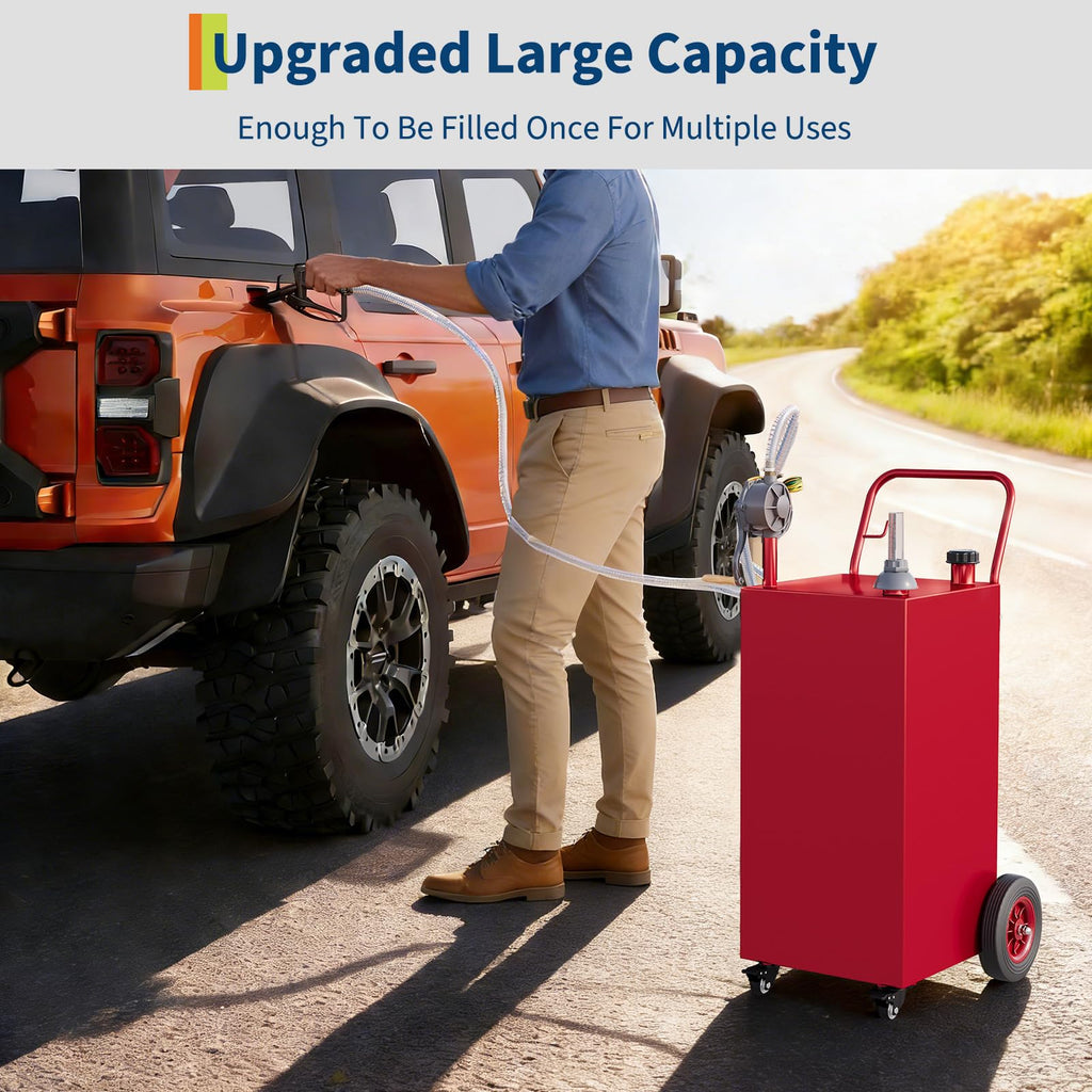 Garvee 30-Gallon Portable Fuel Tank Gasoline Diesel Storage with Manual Rotary Pump, Anti-Static Clamp, Carbon Steel, All-Terrain Wheels, Red, for Vehicles and Boats, Red