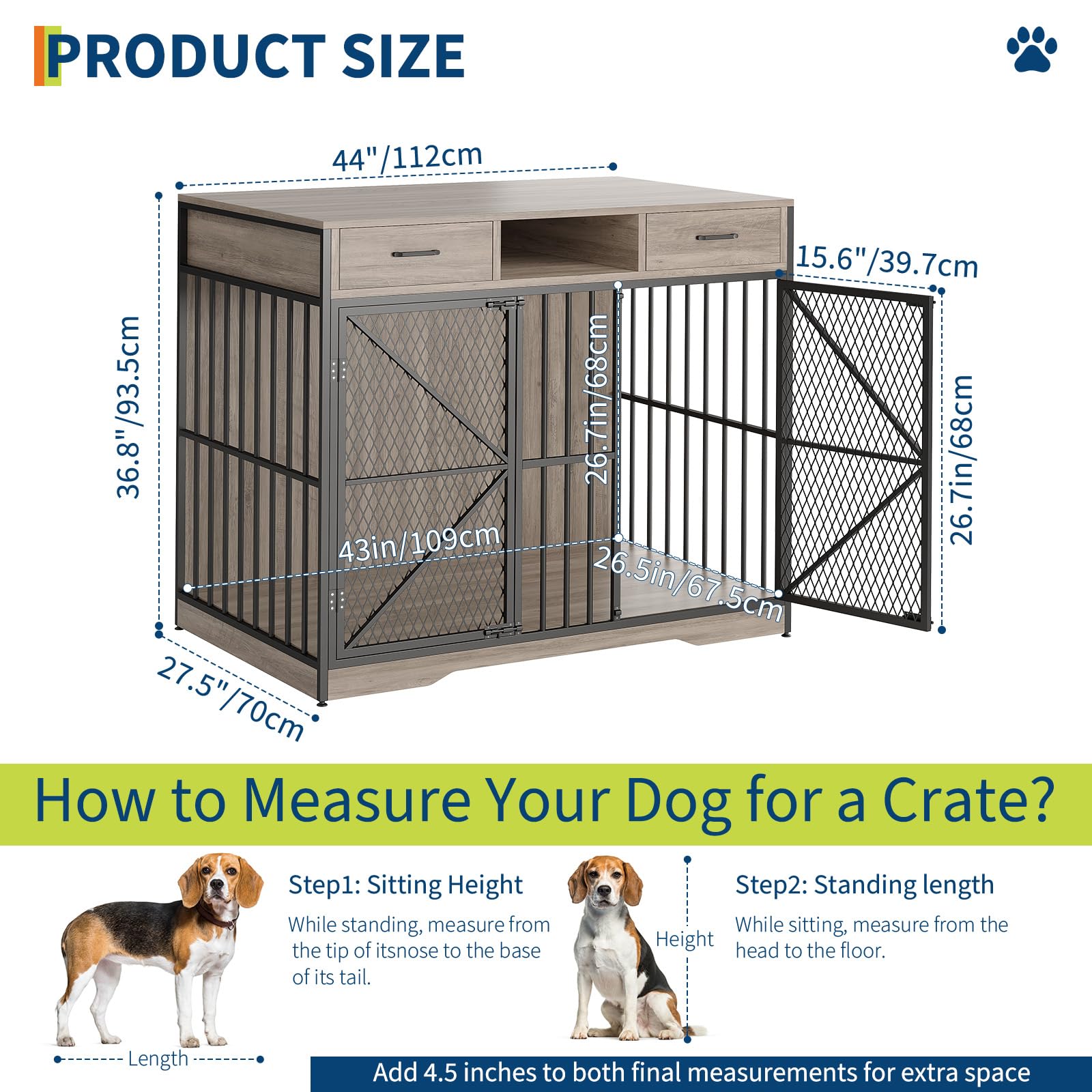 Garvee 44 Inch Dog Crate Furniture with Drawers, Wooden Dog Cage with Open Compartment & Double Doors, Heavy Duty Indoor House End Table for Small Medium Large Breeds, Vintage Brown & Black