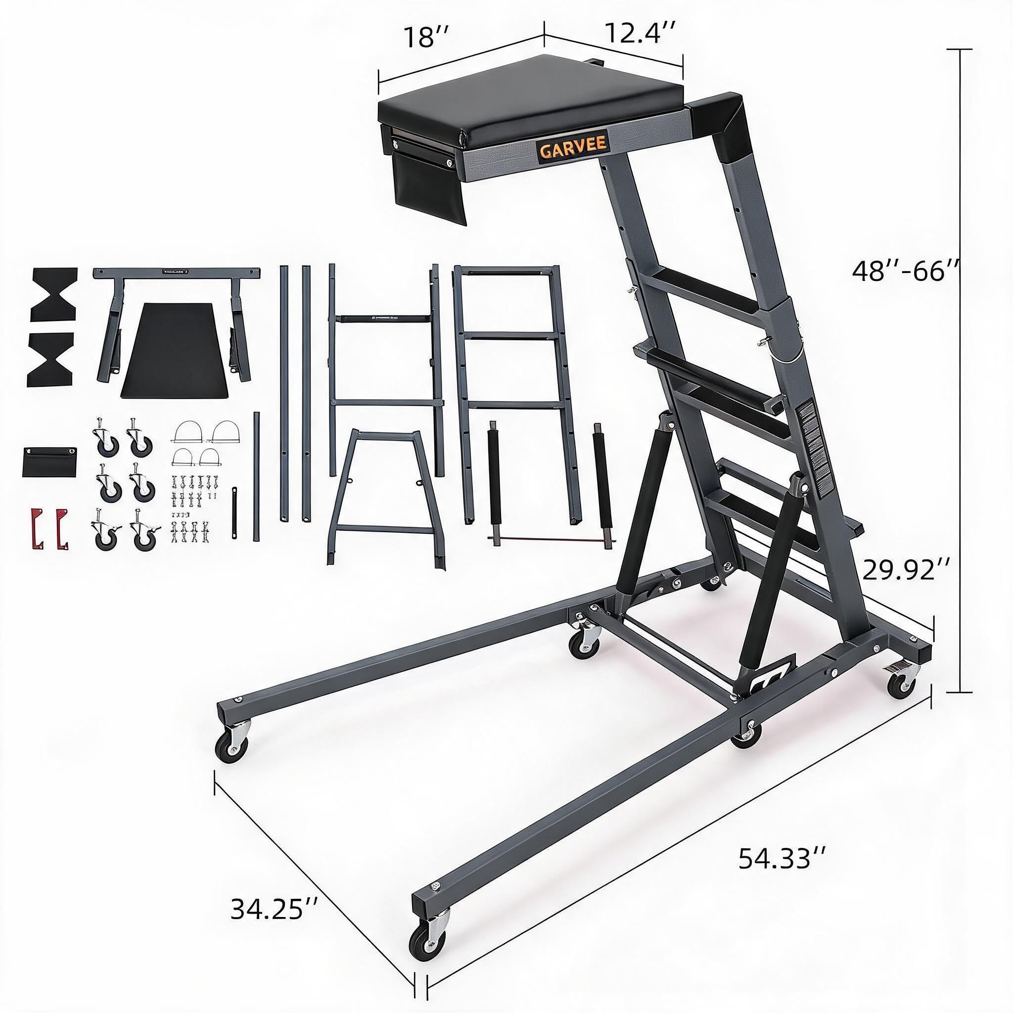 Garvee Heavy Duty Over-Engine Creeper for Mechanics – Adjustable Height 48-68 in, 400 lbs Capacity, Collapsible Design, 6 Swivel Casters, Garage Workshop Use – Industrial Grey (RAL 7016)