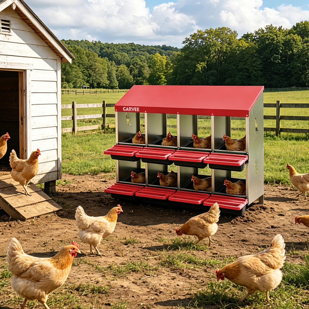 Garvee 8-Compartment Metal Chicken Nesting Box, Roll Away Poultry Laying Box with Sloped Anti-Perch Roof, 41.7"x12.8"x30.9", Red