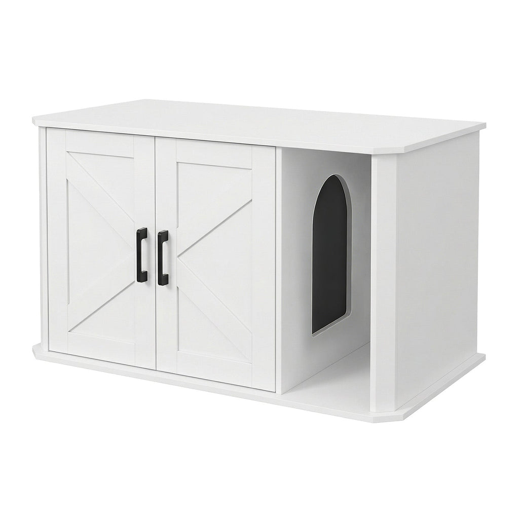 Garvee Modern Wooden Cat Litter Box Furniture – Double-Door Hidden Washroom Cabinet with Side Entry – Easy to Clean, Odor Control – Spacious Cat House End Table – White