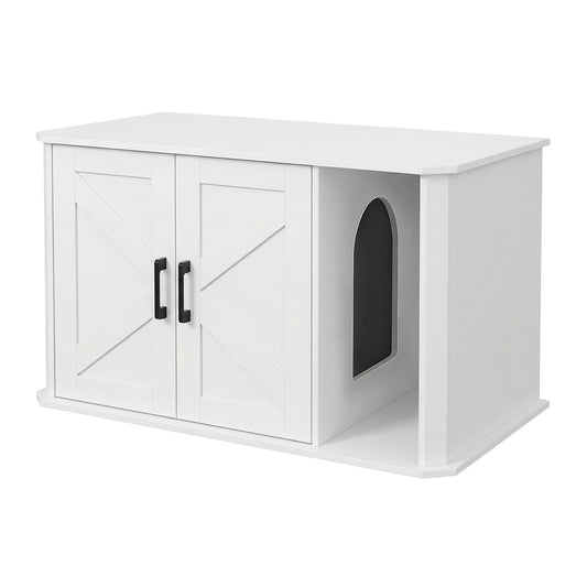 Garvee Modern Wooden Cat Litter Box Furniture – Double-Door Hidden Washroom Cabinet with Side Entry – Easy to Clean, Odor Control – Spacious Cat House End Table – White