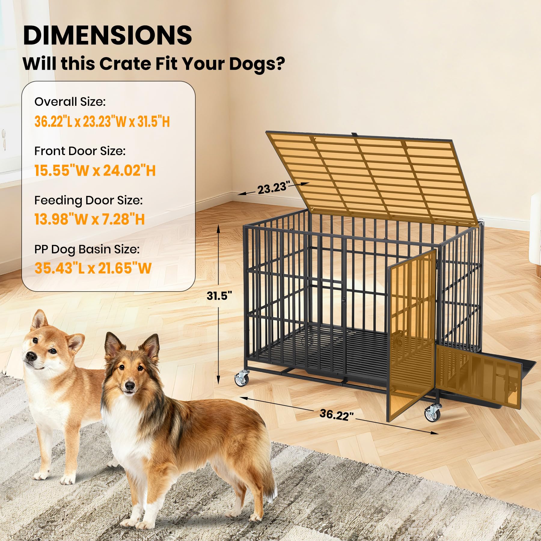Garvee 36 Inch Heavy Duty Dog Crate, Escape-Proof Steel Dog Kennel Indoor with 3 Doors, Removable Tray, Large Metal Dog Cage with Wheels for Large and Medium Dogs, Black