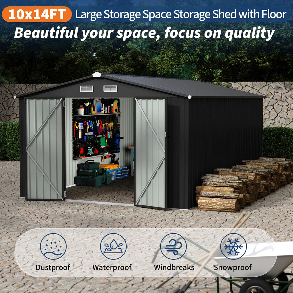 Garvee 10x14 Ft Metal Outdoor Storage Shed, Galvanized Garden Tool Shed with Lockable Doors, Air Vents & Sloped Roof, Gray Backyard Storage for Patio, Lawn & Garden