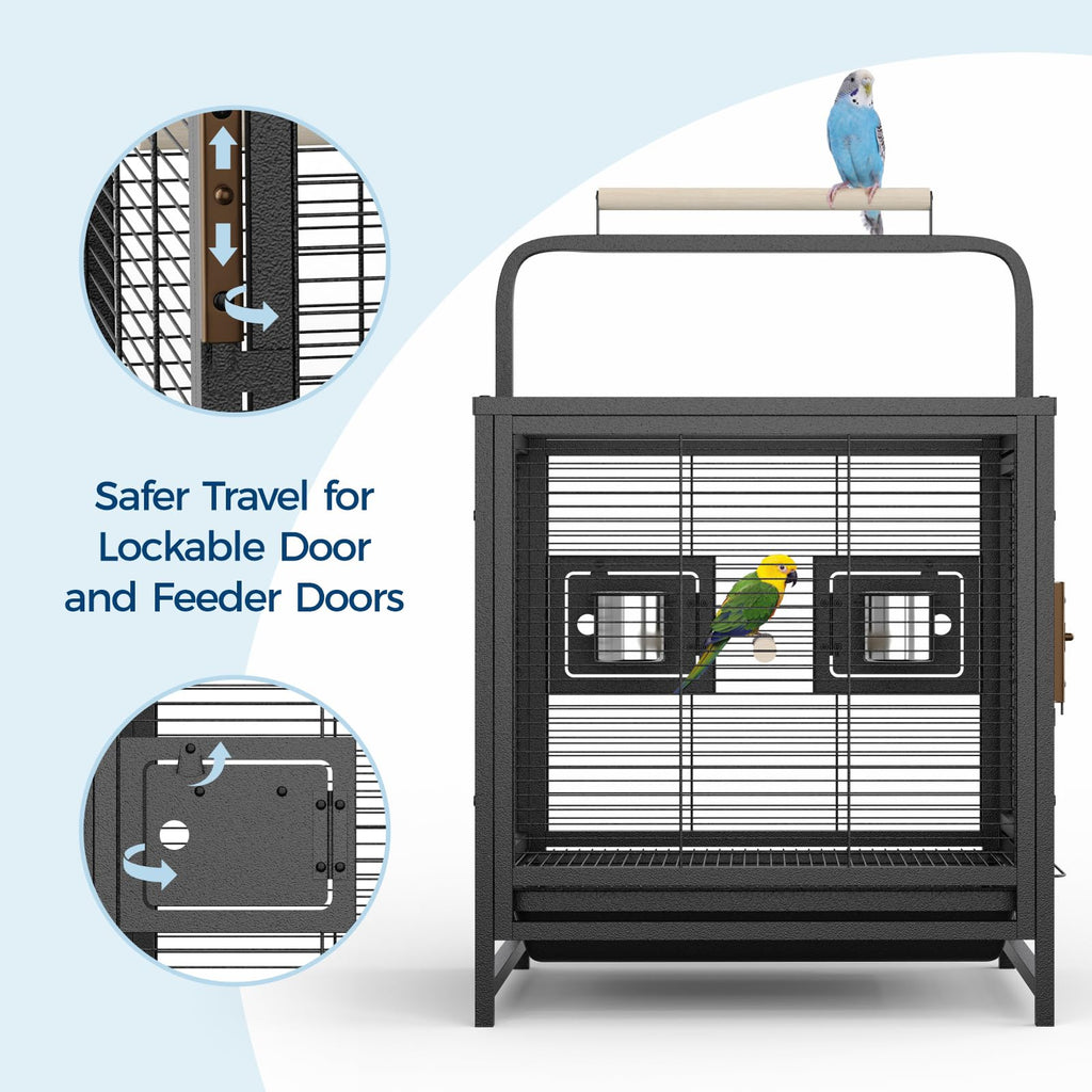 Garvee Portable Small Bird Travel Cage with Tray & Wooden Perch Handle – Ideal Carrier for Parakeets, Cockatiels, Budgies, Lovebirds, Canaries, Conures, Pigeons – Sturdy Black Aviary