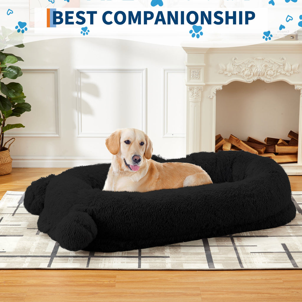 Garvee Human Dog Bed, 71 in x45 in x12 in Large Dog Bed with Blanket, Storage Pockets, Portable Handle, Removable Cover, Human Size Pet Bed for Adult, Black
