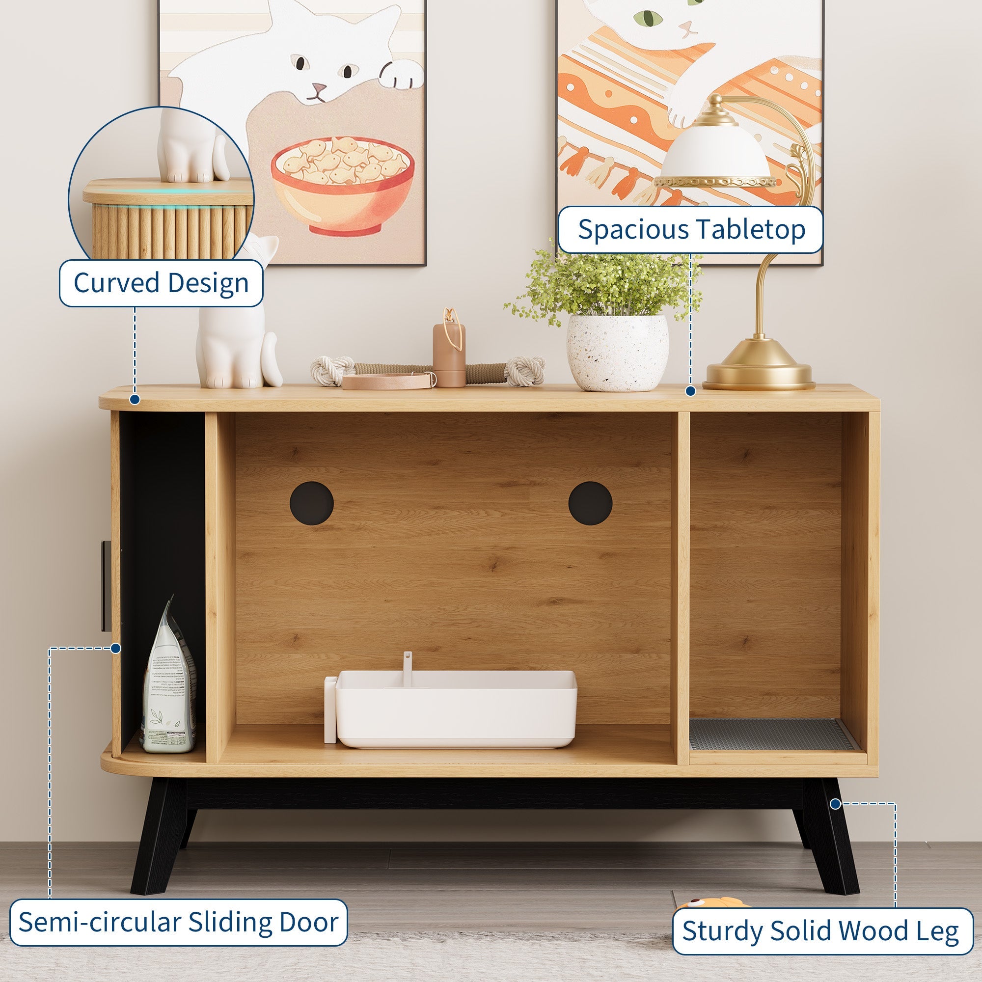 Garvee Modern Hidden Cat Litter Box Furniture – 39" Cat House Side Table with Sliding Door, Litter Mat, Multi-Functional Pet Enclosure for Living Room – Natural Wood Color