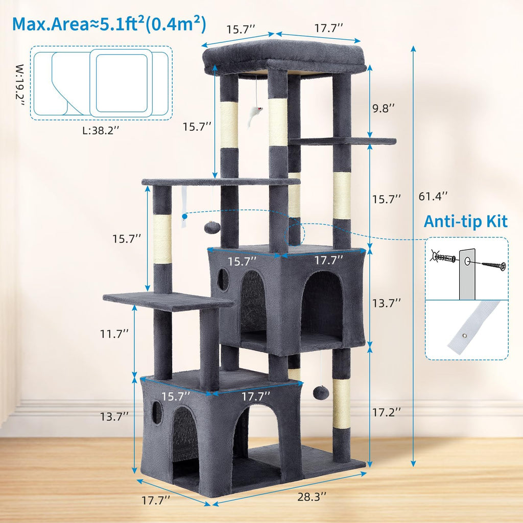 Garvee 61" Multi-Level Cat Tree for Indoor Cats, Heavy-Duty Tower for Large Adult & Maine Coon Cats with Oversized Perch, Dual Condos, Natural Sisal Scratching Posts & Play Toys – Dark Gray