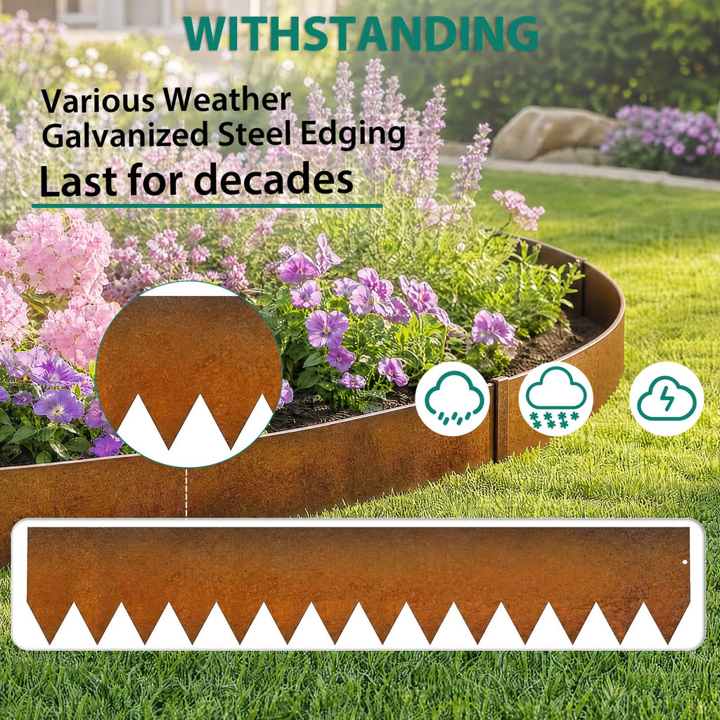 Garvee 20' Cor-Ten Steel Landscape Edging, 6-Pack 40" × 8" Hammer-In Flexible Metal Garden Border Kit with Clips & Gloves for Lawn, Path & Flower Bed, Rust