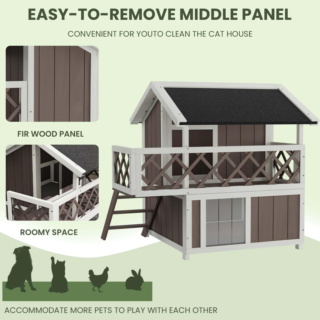 Garvee Insulated Outdoor Cat House Weatherproof with Balcony and Shade, Side Steps, Railings & Raised Floor, Asphalt Roof, All-Around Insulation 2-Story Wooden Feral Cat Shelter for Small Animals