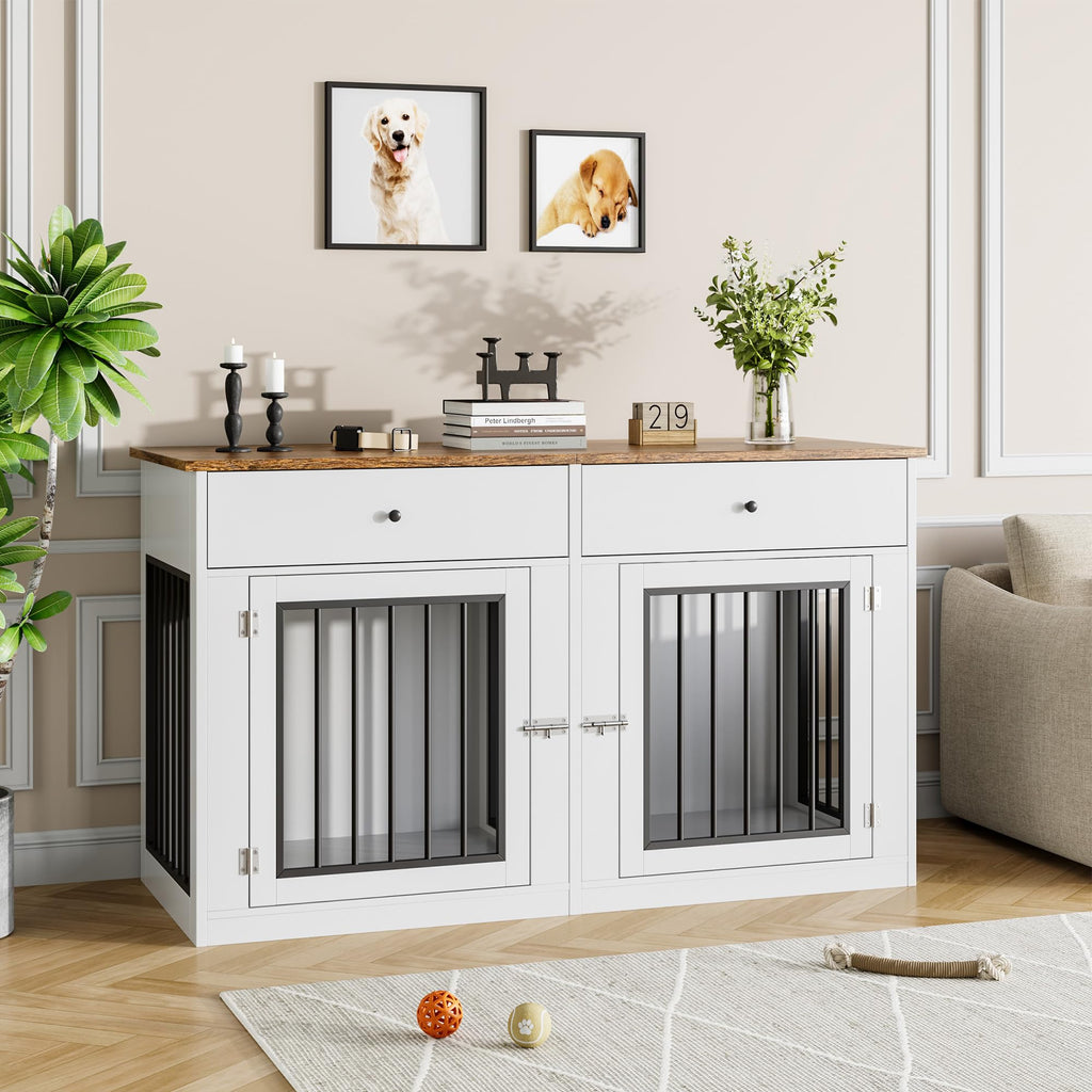 Garvee 60" Dog Crate Furniture for 2 Dogs, Heavy Duty Dog Kennel Furniture TV Stand with 2 Drawers, Dog Crates for Small Medium Dogs, Dog Cage End Table for Indoor Use, White