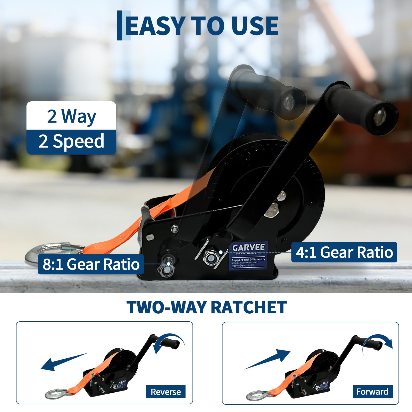 Garvee 3500lbs Heavy Duty Boat Trailer Winch with 33FT Strap, Dual-Speed 4:1/8:1 Gear Ratio & 2-Way Ratchet, Professional Hand Crank Winch for Pulling Boat, Trailer, Truck, RV, ATV, Jet Ski