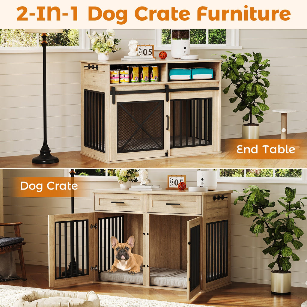 Garvee 44.5 Inch Large Dog Crate Furniture with 2 Storage Drawers,Wooden Dog Kennel Furniture As End Table, Decorative Pet Cage Dog House Indoor for Medium/Large Dogs, Chew-Proof, Gray