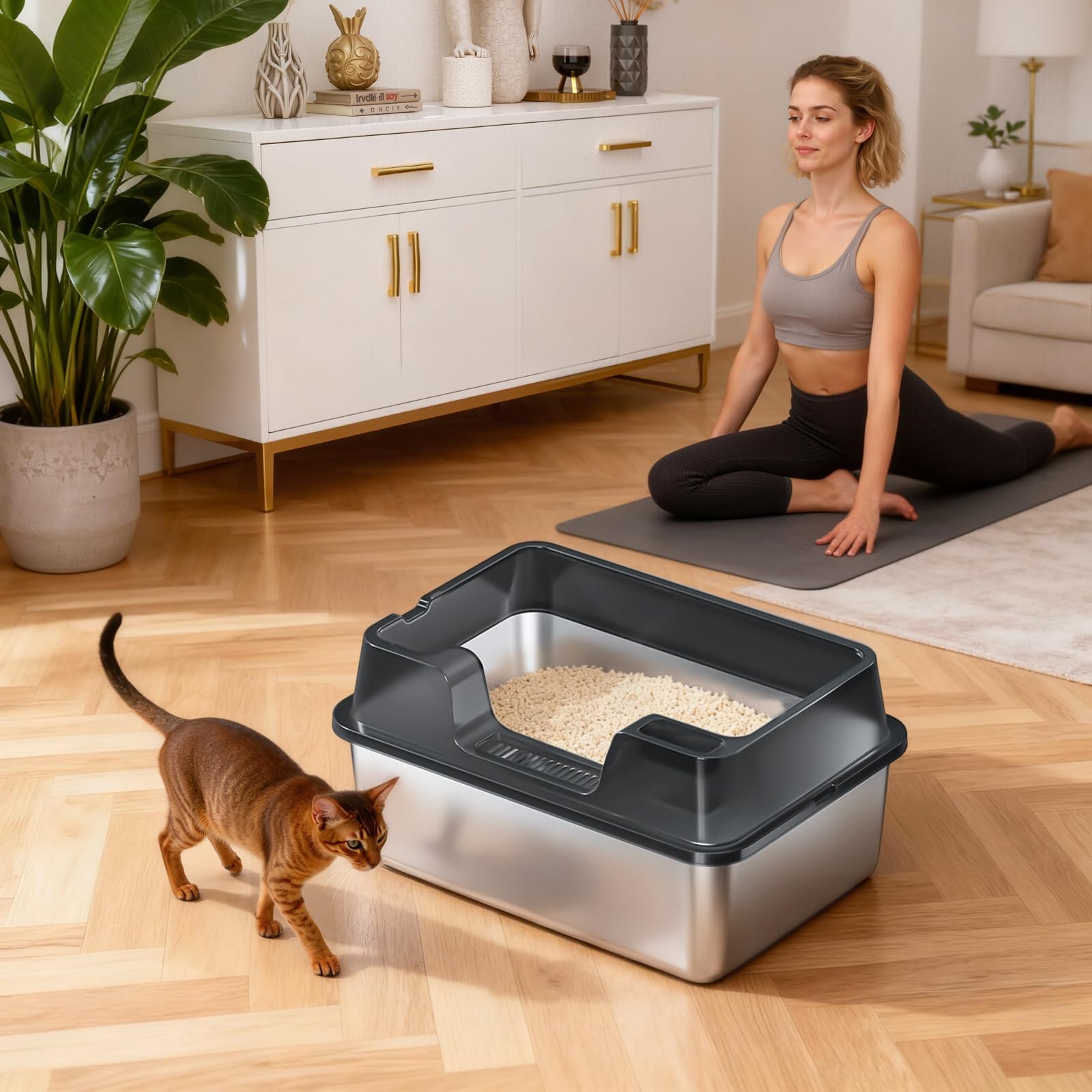 Garvee Large Stainless Steel Cat Litter Box, High Side Litter Box with Non-Stick, Scoop & Odor-Resistant, Metal Cat Pan for Multiple Cats, Rabbits & Small Pets, Easy to Clean, Blck