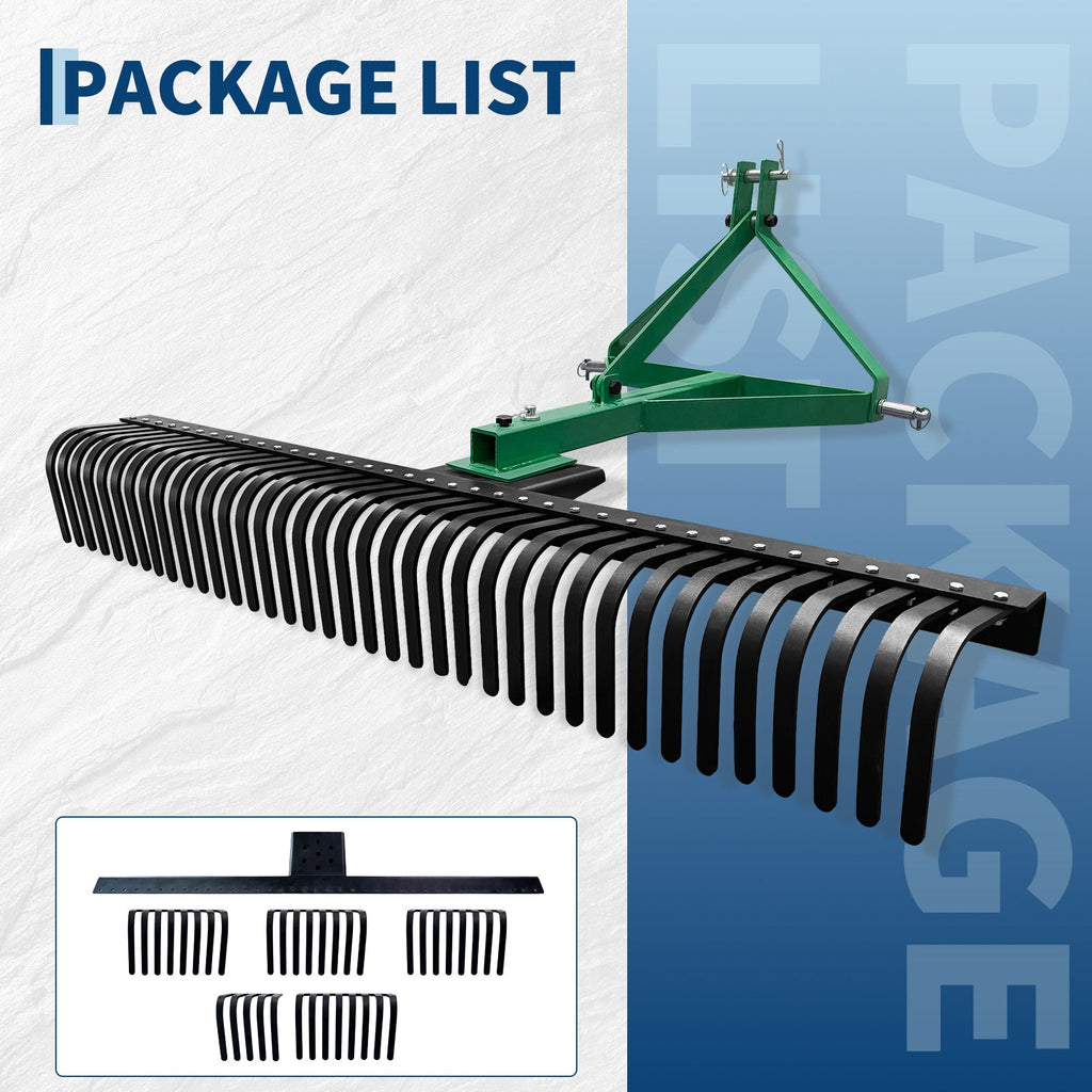 Garvee Heavy Duty 3-Point Landscape Rake for Tractor - 6FT Rock Rake with 37 Steel Tines - 360° Rotating Head - Fits Category 1 & 2 Tractors - Ideal for Lawn, Garden, and Yard - 6 Feet (72 Inches) Green, 37 Teeth