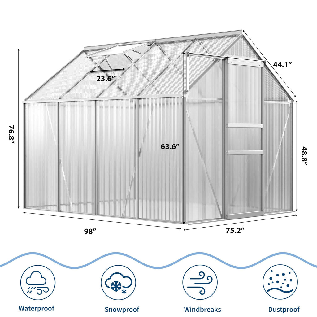 Garvee 6 x 8 FT Polycarbonate Greenhouse with Aluminum Frame, Sliding Door & Adjustable Roof Vent, Heavy-Duty Outdoor Greenhouse for Backyard, Garden, Patio